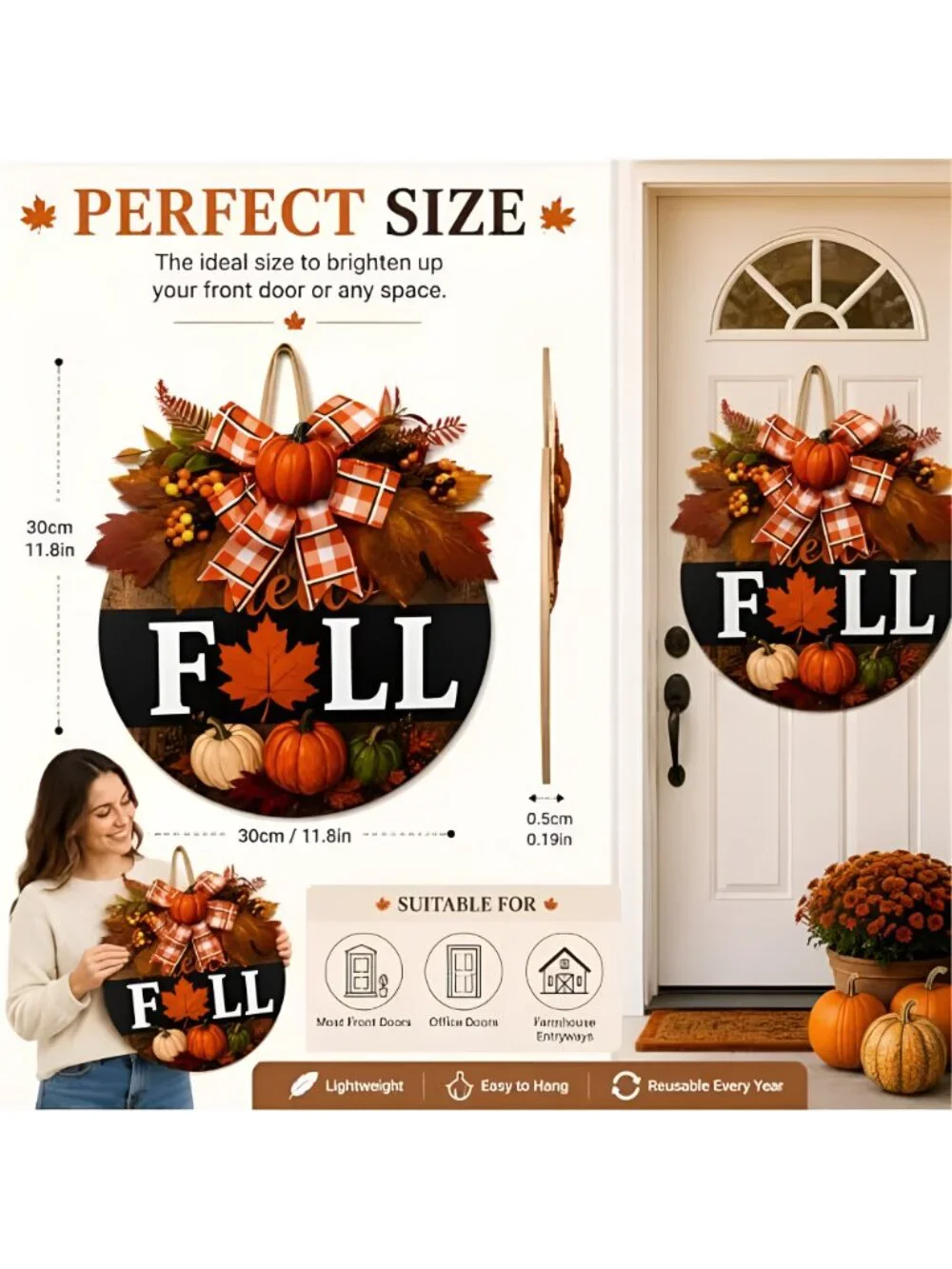 Fall Wreaths for Front Door, Thanksgiving Harvest Pumpkin Autumn Decor Sign